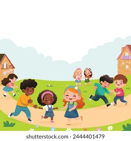 Diseño de Plantilla de Anuncio con niños de diferentes nacionalidades. Ilustración vectorial