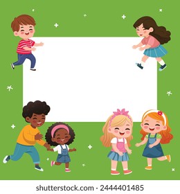 Banner template design with children of different nationalities. Vector illustration