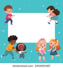 Banner template design with children of different nationalities. Vector illustration