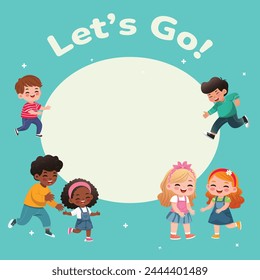 Banner template design with children of different nationalities. Vector illustration