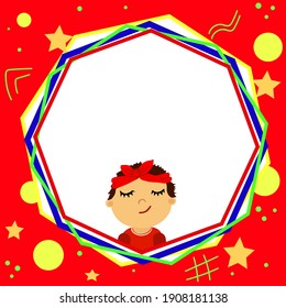 Banner template design with children, geometric abstract frame. Smiling boy in red cap in colorful frame for text, avatar, card. Vector illustration on red background. Greeting card with stars, rounds
