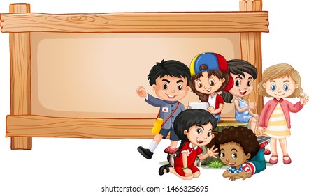 Banner template design with children and wooden frame illustration