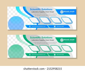 banner template design with example headline is Scientific Solutions. Curve for space of photo collage. Advertising banner with horizontal layout. blue and green element and white background.