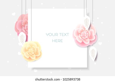 Banner template design with flowers and leafs on square background. Vector illustration for Woman’s Day. 8 March background in pastel colors, paper cut style. Template for a poster, cards, banner.