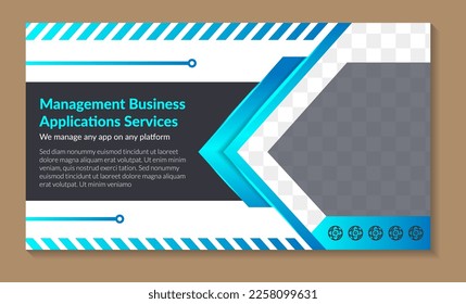 banner template design with headline is management business application services. arrow for space of photo collage. Advertising flyer with horizontal layout. white background and blue gradient element