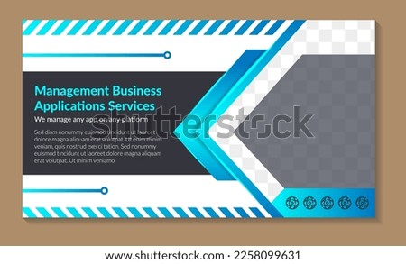 banner template design with headline is management business application services. arrow for space of photo collage. Advertising flyer with horizontal layout. white background and blue gradient element
