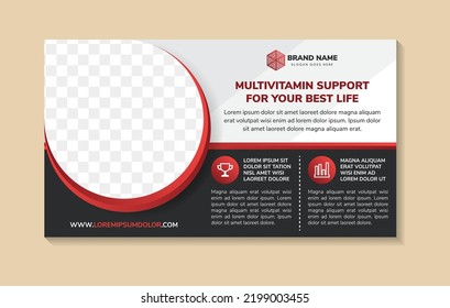 banner Template Design mit Schlagzeile ist Multivitamin Unterstützung für Ihr bestes Leben. Raum der Fotocollage. Werbeflyer in horizontaler Anordnung. mehrfarbiger grauer Hintergrund mit rotem und schwarzem Element.