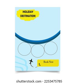 banner template design, holiday spot promotion, telphone icon for booking, airplane icon blue background