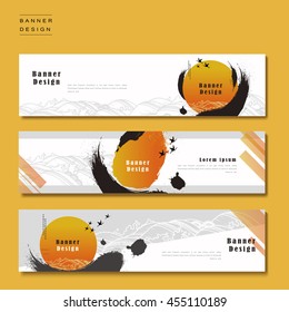 banner template design with ink brush and geometric graphic