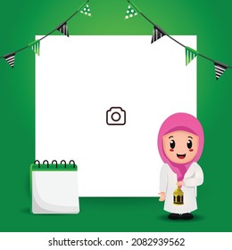 Banner Template Design Islamic Holiday With Blank Placeholder Photo And Illustration Islamic Girl