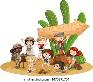 Banner template design with kids and cactus illustration