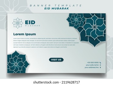 Diseño de plantillas de banner en fondo paisajístico con diseño floral simple para el día de celebración de Eid Mubarak. También una buena plantilla para el diseño de eventos islámicos.