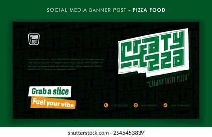 Banner template design for pizza advertisement with street typography style of creamy tasty pizza in black background. Pizza fast food advertising template