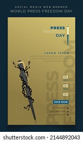 Banner template design in portrait gold background with pen for world press freedom day design