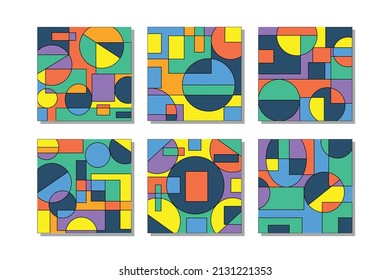 Banner template design for post on social media. Abstract Bauhaus geometric pattern background, vector circle, triangle and square lines color art design. 