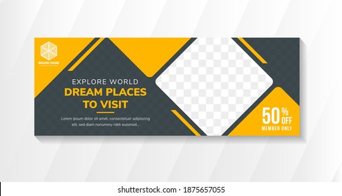 banner template design for promotion of travel and tour company. horizontal layout with square space for photo. yellow element and transparency black background. 