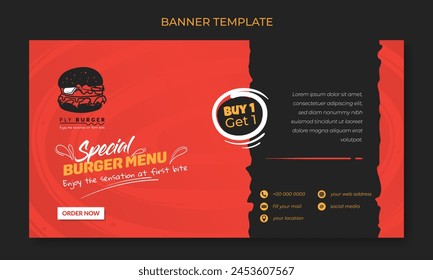 Banner template design with red and black background with burger icon design for advertisement design