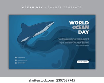 Banner template design with shark in cartoon design and blue abstract background for ocean day