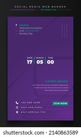 Banner template design for telecommunication and information society in purple background design