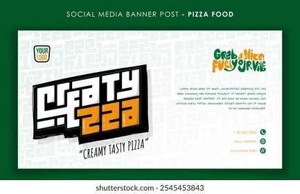 Design de modelo de banner com tipografia de pizza cremosa saborosa no design de rua. Anúncio de fast food de pizza em fundo branco