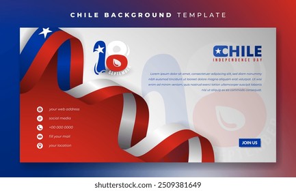 Design de modelo de banner com bandeira de fita chile acenando em fundo vermelho branco para a campanha do dia da independência do chile