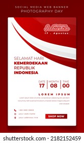 Banner template design with waving red in white background and indonesian text mean is Happy Indonesia independence day