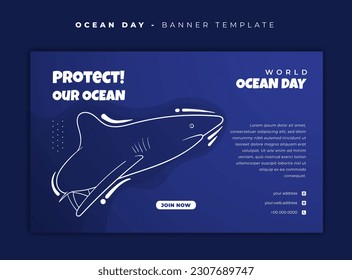 Banner template design with white line art of shark for world ocean day design