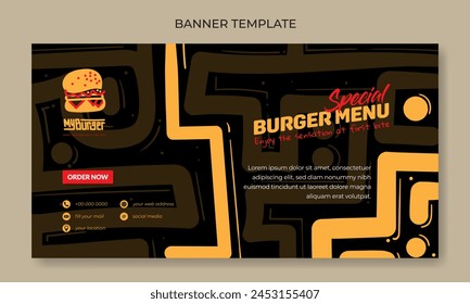 Banner template design with yellow hand drawn in black background for fast food advertising design