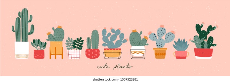 Banner template with different cactus and succulents in pastel color. Vector cacti and succulents set