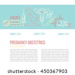 Banner template with different research symbols including ultrasound, In vitro fertlization, gynecological chair, pregnant  woman. Line style vector illustration with place for your text.