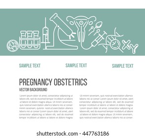 Banner template with different research symbols including ultrasound,  fertlization, gynecological chair, pregnancy test, pregnant  woman. Line style vector illustration with place for your text.