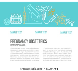 Banner template with different research symbols including ultrasound, In vitro fertlization,  pregnancy test, pregnant  woman. Line style vector illustration with place for your text.