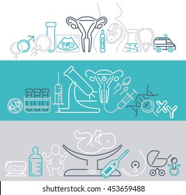 Banner template with different research symbols including ultrasound, In vitro fertlization, gynecological chair, pregnancy test, pregnant  woman. Line style vector illustration 