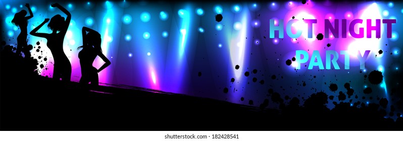 Banner template for disco party with silhouettes of dancing people and grunge elements