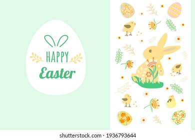 Banner template with an Easter bunny, chickens and eggs on a light green background. Easter poster in flat style