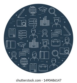 Banner template with education and learning icons and symbols. Line style illustration. Education and e-learning, icons for applications and web.