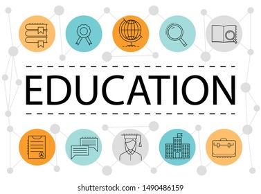 Banner template with education and learning icons and symbols. Line style illustration. Education and e-learning, icons for applications and web.