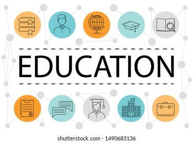 Banner template with education and learning icons and symbols. Line style illustration. Education and e-learning, icons for applications and web.