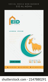 Banner template for eid al adha holiday with goat and crescent in white background design