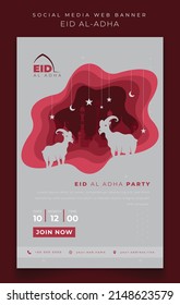 Banner template for eid al adha islamic holiday in white background with red paper cut background