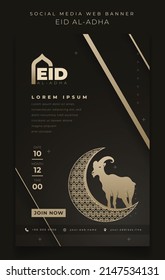 Banner template for eid mubarak with crescent and goat design in black gold background design