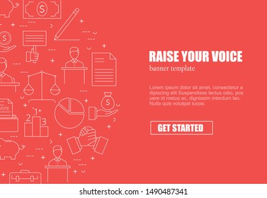 Banner template with elections and voting icons and symbols. Line style illustration. Voting, making a choice icons for applications and web.
