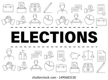 Banner template with elections and voting icons and symbols. Line style illustration. Voting, making a choice icons for applications and web.
