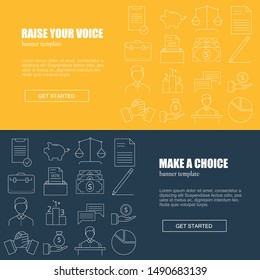Banner template with elections and voting icons and symbols. Line style illustration. Voting, making a choice icons for applications and web.