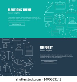 Banner template with elections and voting icons and symbols. Line style illustration. Voting, making a choice icons for applications and web.
