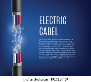 Banner template with electric cable break, realistic vector illustration on blue background. Breakage and disconnect of wires of high power electric cable.