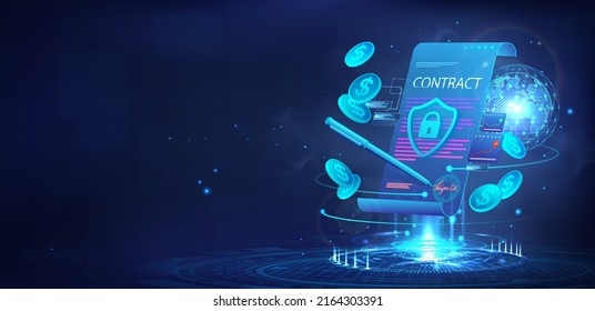 Banner Template - Electronic Contract, Document, Smart File In Blockchain With Electronic Signature Via Internet. 3D Hologram With Smart Contract And Earth Globe. Business On The Internet. Vector