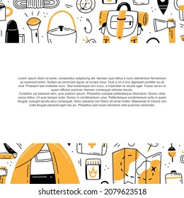 Pancarta o plantilla con elementos para el senderismo y el turismo. Diseño de plantilla para una empresa de viajes. Ilustración vectorial en estilo doodle.