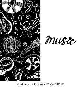 Banner template with elements of music, hand-drawn doodles in sketch style. Guitar or ukulele. Headphones, microphones, violin key with sheet music and recording icons. Music lettering, hand-drawn. 