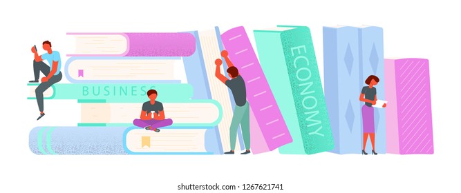 Banner template for e-library. Oversize stack of books and mini people characters reading and learning concept. Vector illustration eps